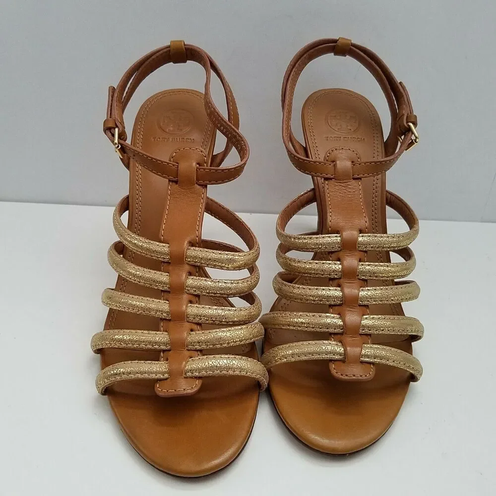 Tory Burch Women sandals High Heel Brown gold leather strappy Charlene 10.5 new